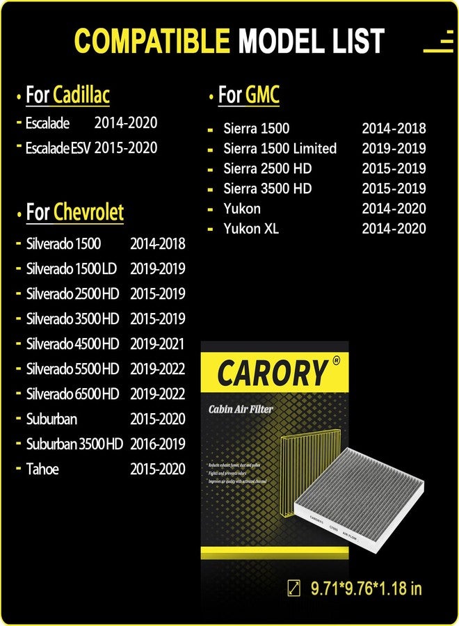 CARORY Cabin Air Filter w/Activated Carbon for Select 2014-2022 Chevy, Cadillac, GMC Models - Silverado 1500/2500 HD, Suburban, Tahoe, Sierra 1500/2500 HD, Yukon (XL), and More - Image 2