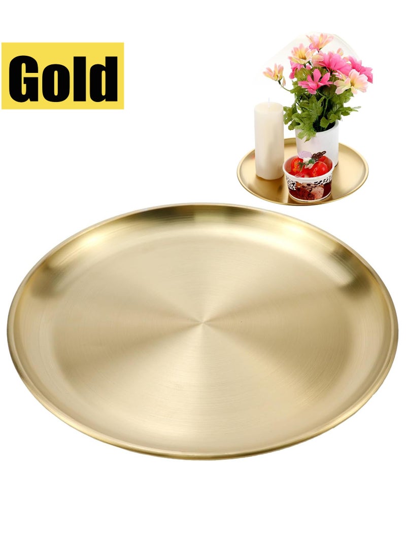 TDAO Stainless Steel Gold Serving Tray, Nordic Style Circular Breakfast Tray, Fruit Decorative Platter, Tea Snack Tray, Serving Display Tray,  Candle Decoration Tray, Jewelry/Make up/Perfume Mirror Dish Plate for Family Party, Decor and Festival (Diameter 30cm x 1.9cm/11.8" x 0.748") - Image 1