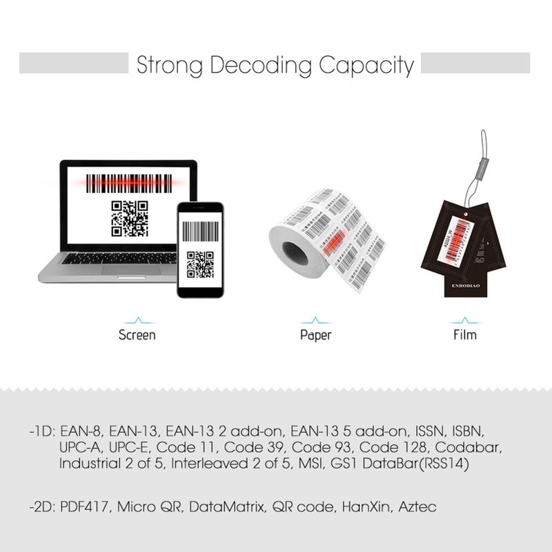 Portable 2D Barcode Scanner: Black Mini Wireless Barcode Reader - 1500t/s Fast Scanning Speed Strong Decoding Capability BT Wireless + USB Wired Modes for Retail Inventory Warehouse Office - Image 4