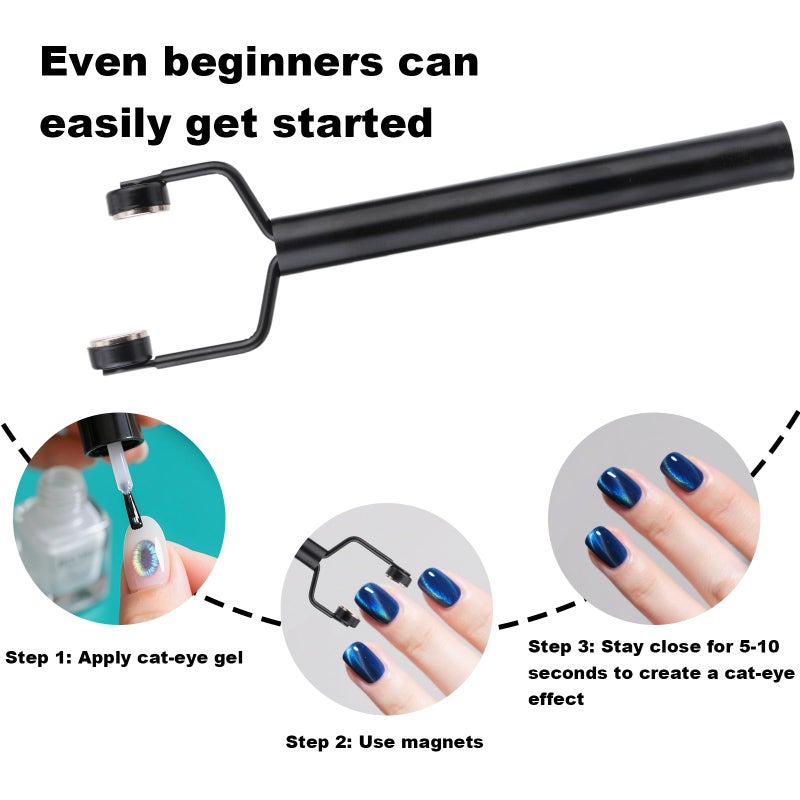 Gosknor 3 in 1 Cat Eye Magnet for Nails, Nail Art Design Cateye Magnetic Tool Y-Shaped Double Head Stainless Steel Fingernai Magnets Nail Gel Polish for Home DIY Salon Studio (Black) - Image 5