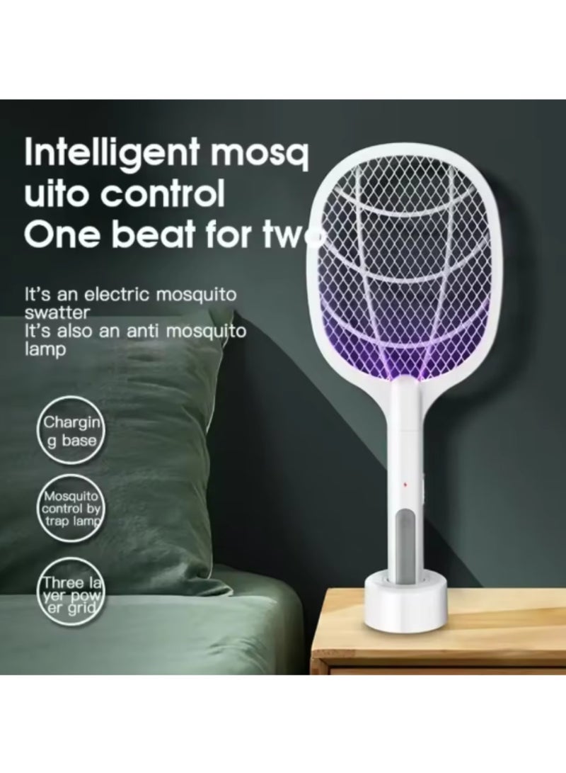JIHAM Electric Fly Swatter, 3500V USB Rechargeable Fly Killer Bug Zapper Racket with Charging Base, Home and Outdoor Mosquito Killer with LED Light for Mosquitoes, Flies, Bees, Moths (White) - Image 5
