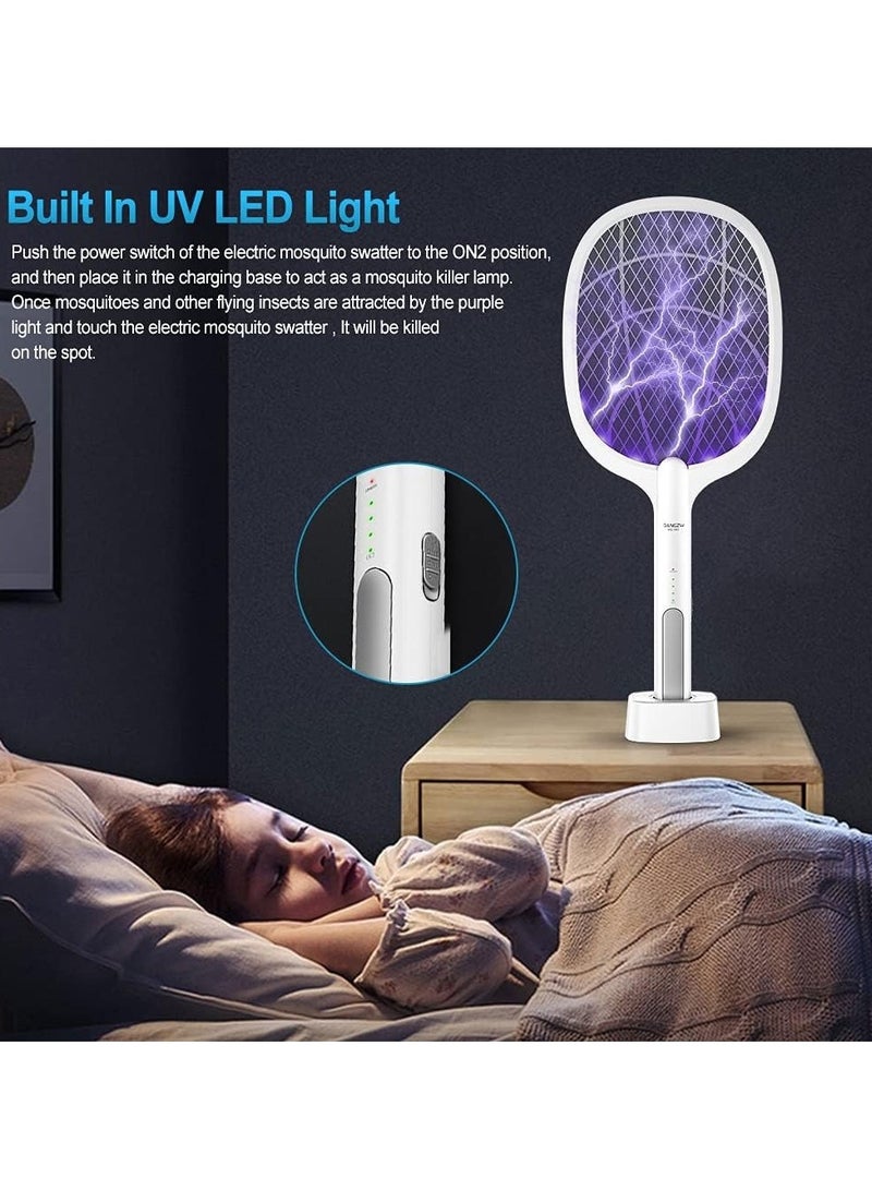 JIHAM Electric Fly Swatter, 3500V USB Rechargeable Fly Killer Bug Zapper Racket with Charging Base, Home and Outdoor Mosquito Killer with LED Light for Mosquitoes, Flies, Bees, Moths (White) - Image 3