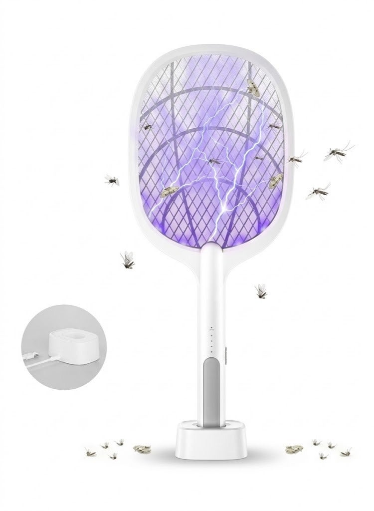 JIHAM Electric Fly Swatter, 3500V USB Rechargeable Fly Killer Bug Zapper Racket with Charging Base, Home and Outdoor Mosquito Killer with LED Light for Mosquitoes, Flies, Bees, Moths (White) - Image 1
