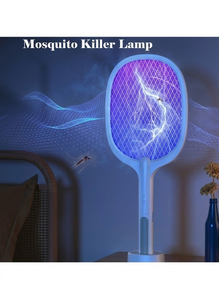 JIHAM Electric Fly Swatter, 3500V USB Rechargeable Fly Killer Bug Zapper Racket with Charging Base, Home and Outdoor Mosquito Killer with LED Light for Mosquitoes, Flies, Bees, Moths (White) - Image 2