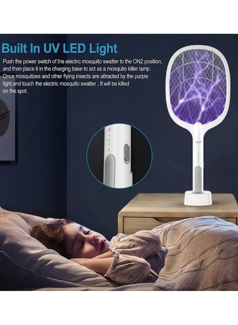 JIHAM Electric Fly Swatter, 3500V USB Rechargeable Fly Killer Bug Zapper Racket with Charging Base, Home and Outdoor Mosquito Killer with LED Light for Mosquitoes, Flies, Bees, Moths (White) - Image 3