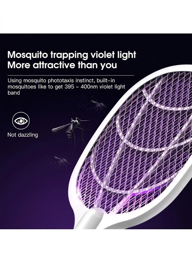 JIHAM Electric Fly Swatter, 3500V USB Rechargeable Fly Killer Bug Zapper Racket with Charging Base, Home and Outdoor Mosquito Killer with LED Light for Mosquitoes, Flies, Bees, Moths (White) - Image 4