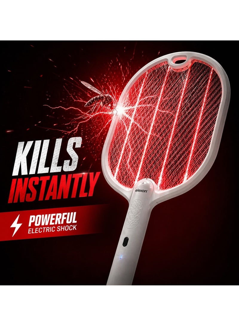 elexon Electric Fly Swatter, 240V USB Rechargeable Fly Killer Bug Zapper Racket with Charging Base, 3 Layer Safety Mesh, LED Indicator Home and Outdoor Mosquito Killer with LED Light for Mosquitoes, Flies, Bees, Moths (White) - Image 2