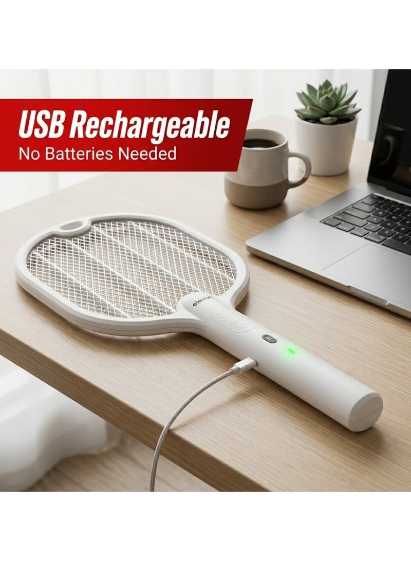 elexon Electric Fly Swatter, 240V USB Rechargeable Fly Killer Bug Zapper Racket with Charging Base, 3 Layer Safety Mesh, LED Indicator Home and Outdoor Mosquito Killer with LED Light for Mosquitoes, Flies, Bees, Moths (White) - Image 4