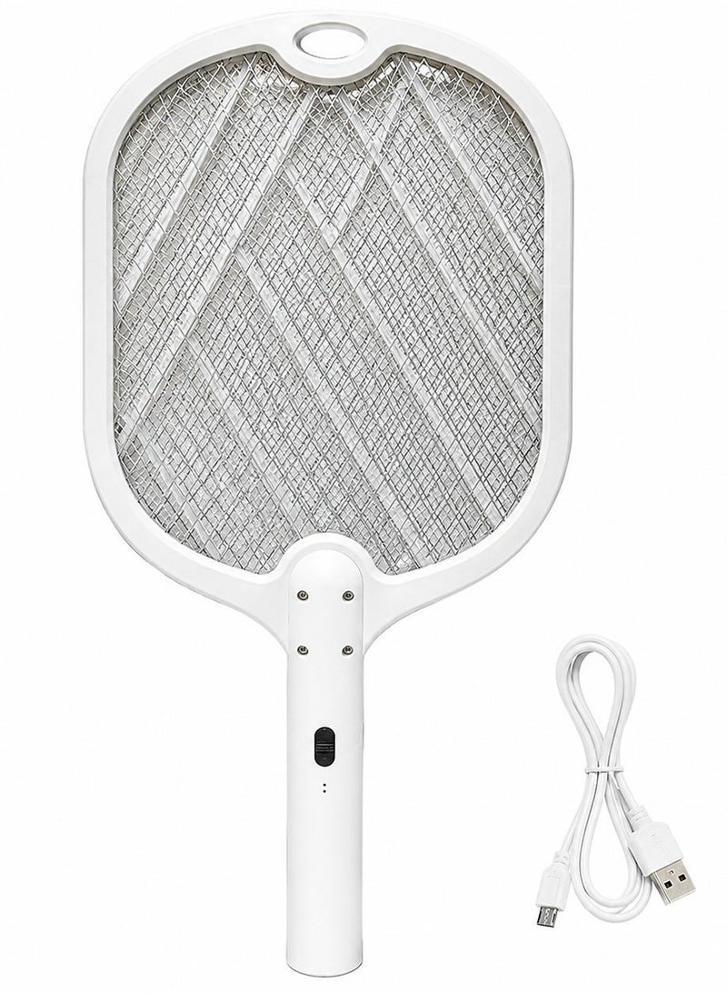 Rechargeable Mosquito Swatter, 5V DC USB Input, 3000V Output, Charging Base, 3-Layer Safety Mesh, LED Indicator, White