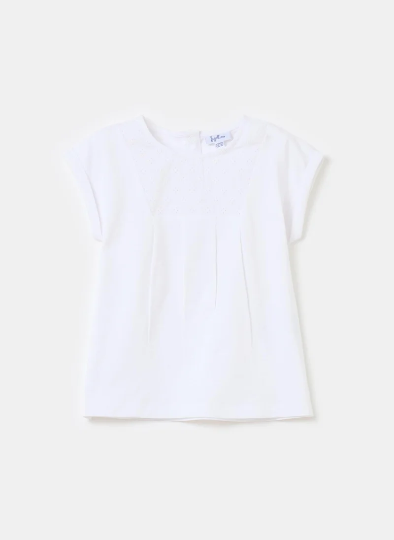 او في اس Cotton T-Shirt With Broderie Anglaise Insert