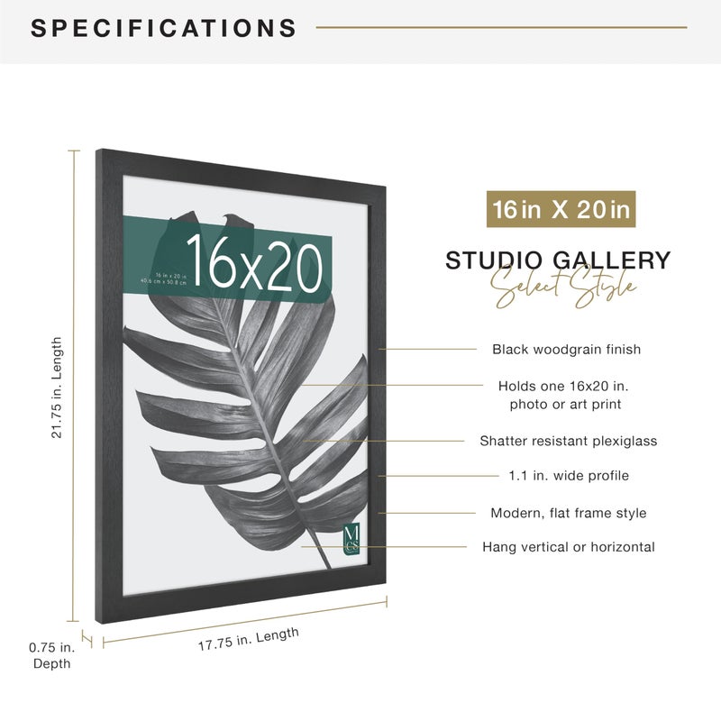 MCS Studio Gallery 16x20 Poster Frame Black Woodgrain Engineered Wood, Vertical & Horizontal Wall Hanging Large Picture Frame for Photos, Posters & Art Prints (1-Pack) - Image 3