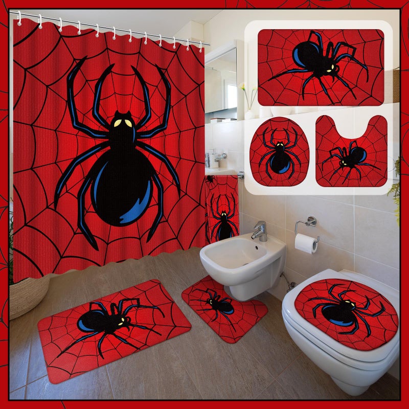 Nuanchu 6 Pcs Spider Shower Curtain Set with Rug Bathroom Sets with Shower Curtain Bath Mat U Shaped Mat Toilet Lid Cover 2 Bath Towels and 12 Hooks Red Black Spider Bathroom Decor - Image 2