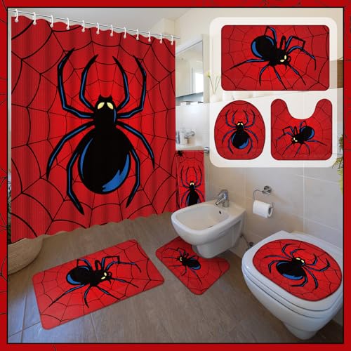 Nuanchu 6 Pcs Spider Shower Curtain Set with Rug Bathroom Sets with Shower Curtain Bath Mat U Shaped Mat Toilet Lid Cover 2 Bath Towels and 12 Hooks Red Black Spider Bathroom Decor - Image 1