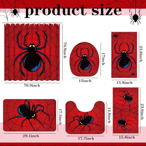 Nuanchu 6 Pcs Spider Shower Curtain Set with Rug Bathroom Sets with Shower Curtain Bath Mat U Shaped Mat Toilet Lid Cover 2 Bath Towels and 12 Hooks Red Black Spider Bathroom Decor - Image 3