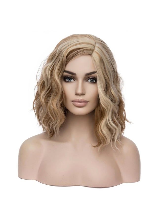 BERON Blonde Brown 14'' Wigs for Women Girls Short Curly Wavy Wig 35 cm Side Part Shoulder Length Hair Funny 14" Highlights Color Wig Heat Resistant Synthetic Cosplay Daily Party Wigs - Image 1