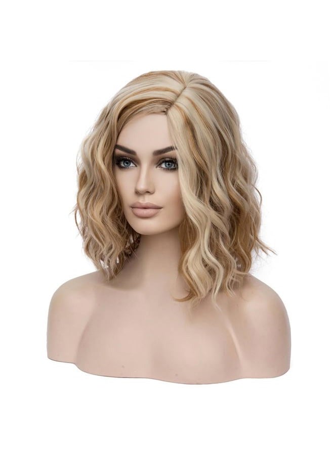 BERON Blonde Brown 14'' Wigs for Women Girls Short Curly Wavy Wig 35 cm Side Part Shoulder Length Hair Funny 14" Highlights Color Wig Heat Resistant Synthetic Cosplay Daily Party Wigs - Image 4
