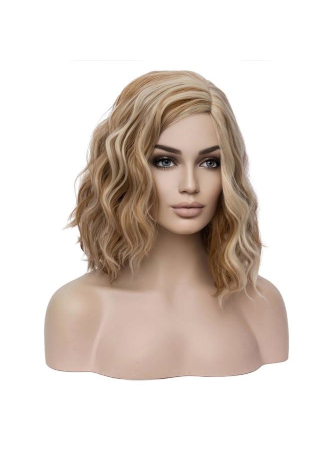 BERON Blonde Brown 14'' Wigs for Women Girls Short Curly Wavy Wig 35 cm Side Part Shoulder Length Hair Funny 14" Highlights Color Wig Heat Resistant Synthetic Cosplay Daily Party Wigs - Image 3