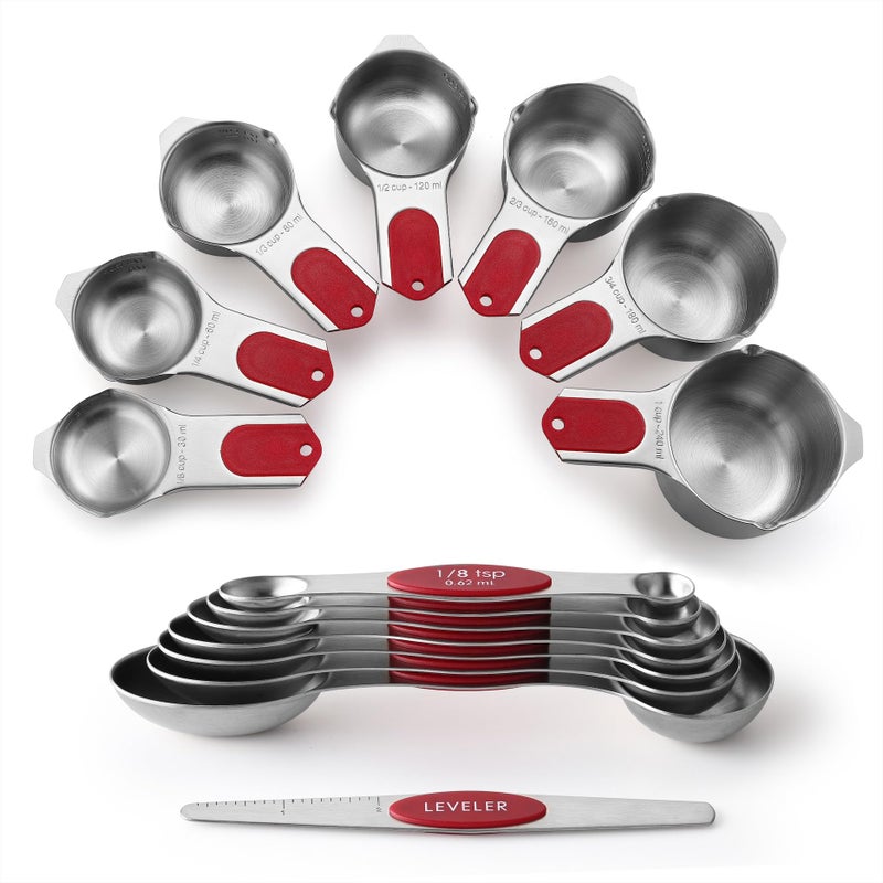 Spring Chef Magnetic Measuring Cups & Spoons Set, Patented, Strong N45 Magnets, Heavy Duty Stainless Steel Fits in Spice Jars for Baking & Cooking, BPA Free, Round Set of 15 with Leveler, Red - Image 1