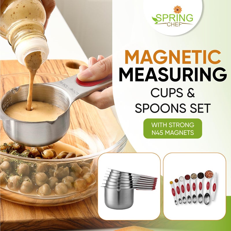 Spring Chef Magnetic Measuring Cups & Spoons Set, Patented, Strong N45 Magnets, Heavy Duty Stainless Steel Fits in Spice Jars for Baking & Cooking, BPA Free, Round Set of 15 with Leveler, Red - Image 3