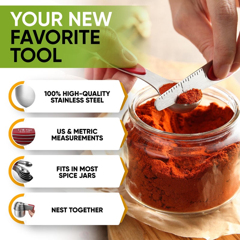 Spring Chef Magnetic Measuring Cups & Spoons Set, Patented, Strong N45 Magnets, Heavy Duty Stainless Steel Fits in Spice Jars for Baking & Cooking, BPA Free, Round Set of 15 with Leveler, Red - Image 5
