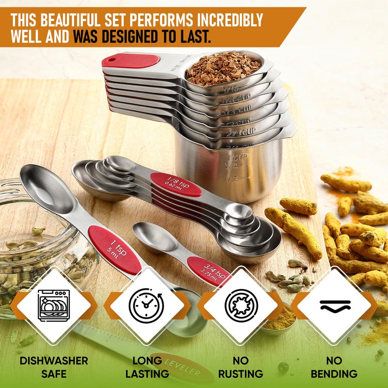 Spring Chef Magnetic Measuring Cups & Spoons Set, Patented, Strong N45 Magnets, Heavy Duty Stainless Steel Fits in Spice Jars for Baking & Cooking, BPA Free, Round Set of 15 with Leveler, Red - Image 2
