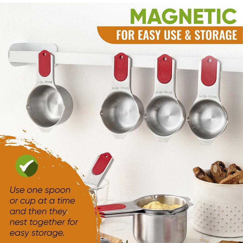 Spring Chef Magnetic Measuring Cups & Spoons Set, Patented, Strong N45 Magnets, Heavy Duty Stainless Steel Fits in Spice Jars for Baking & Cooking, BPA Free, Round Set of 15 with Leveler, Red - Image 4