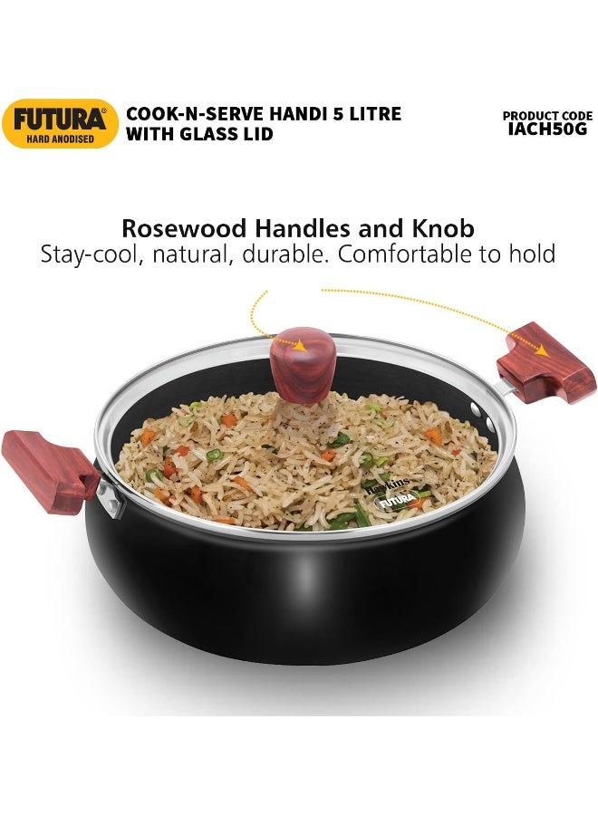 Hawkins Futura 5 Litre Hard Anodised Cook n Serve Handi Cooking Pot / Casserole with Glass Lid for Cooking and Serving, 3.25 mm Thick Base, Wooden handles, Induction Compatible (ACH50G), Black - Image 5