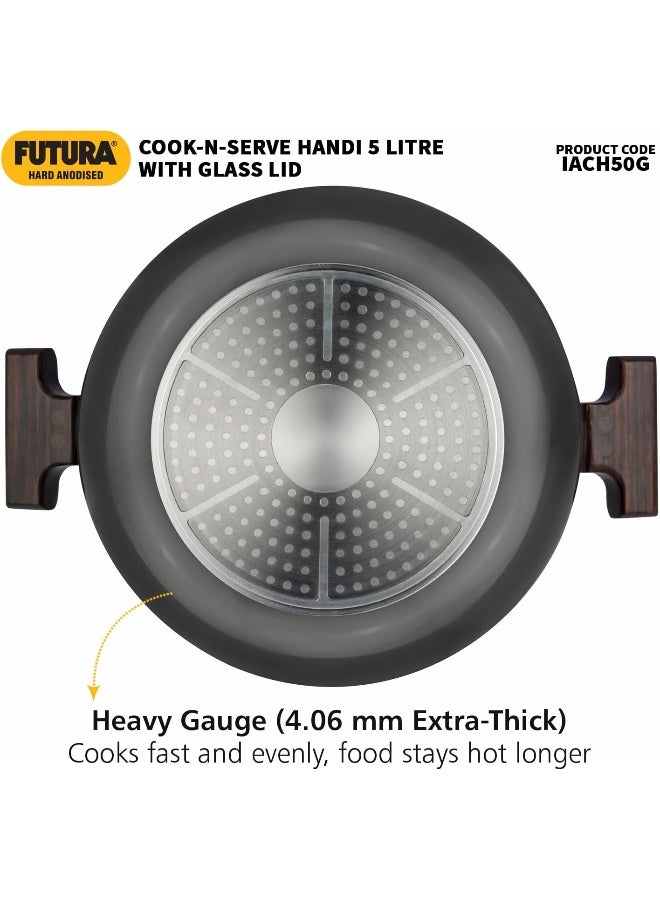 Hawkins Futura 5 Litre Hard Anodised Cook n Serve Handi Cooking Pot / Casserole with Glass Lid for Cooking and Serving, 3.25 mm Thick Base, Wooden handles, Induction Compatible (ACH50G), Black - Image 4