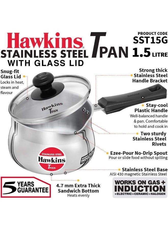 1.5 Liters Stainless Steel Saucepan With Glass Lid,Silver