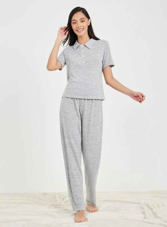Styli Melange Button Placket Collared T-Shirt & Trouser Lounge Set