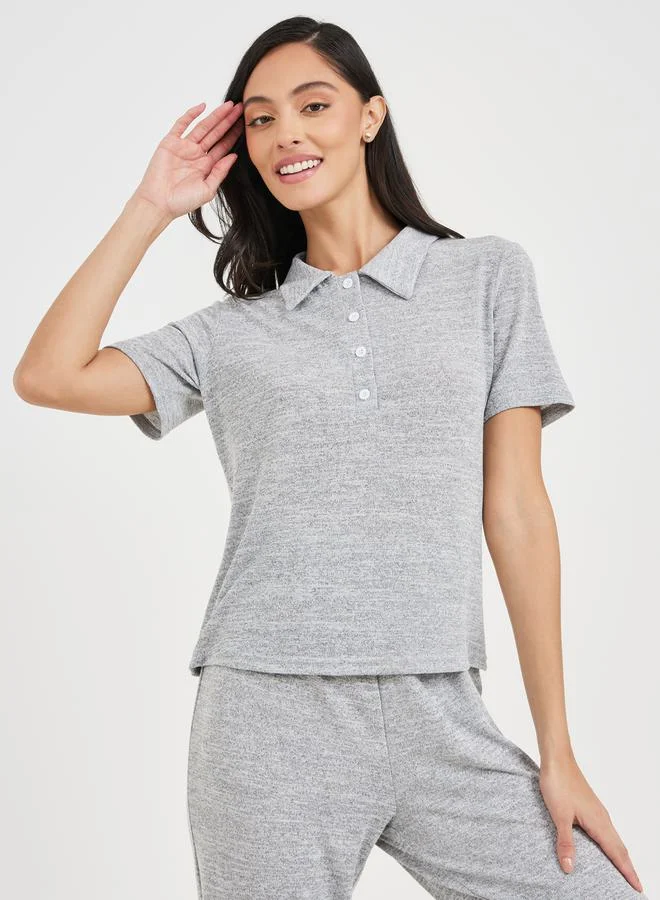 Styli Melange Button Placket Collared T-Shirt & Trouser Lounge Set