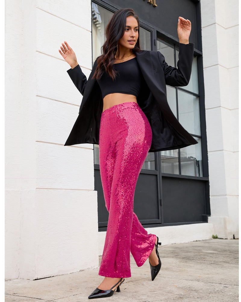 GRAPENT Disco Sequin Pants for Women Trendy Woman Pants Flared Pant for Women Glitter Winter Club Outfits Cocktail Evening Party Country Festival Outfits Hot Pink Size Medium 8 to 10 - Image 5