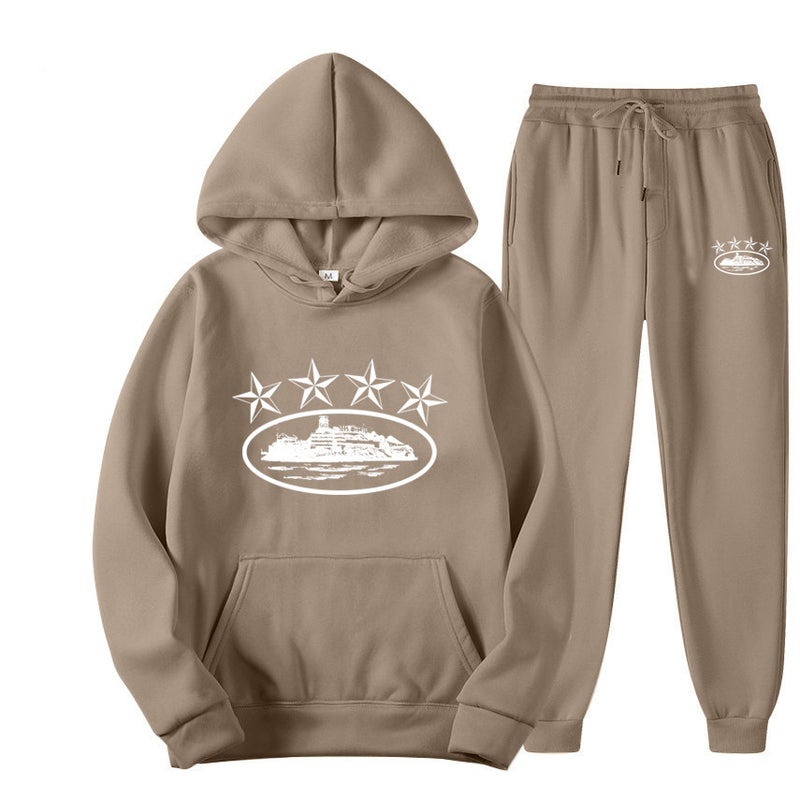 Cross-border Foreign Trade Corteiz Trendy Street Loose suit Womens Hip-hop Skateboard Five-pointed Star Magic Island Fashion Sweatshirt camel white word 