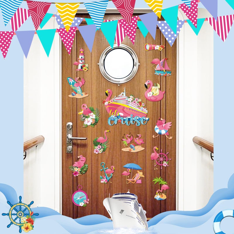 Dazoratix Flamingo Cruise Door Decorations - 16 Pcs Funny Hawaii Ship Cabin Magnets Pink Magnetic Stickers Palm Anchor Decals Tropical Stateroom Accessories for Summer Vacation Party Carnival Garage - Image 5