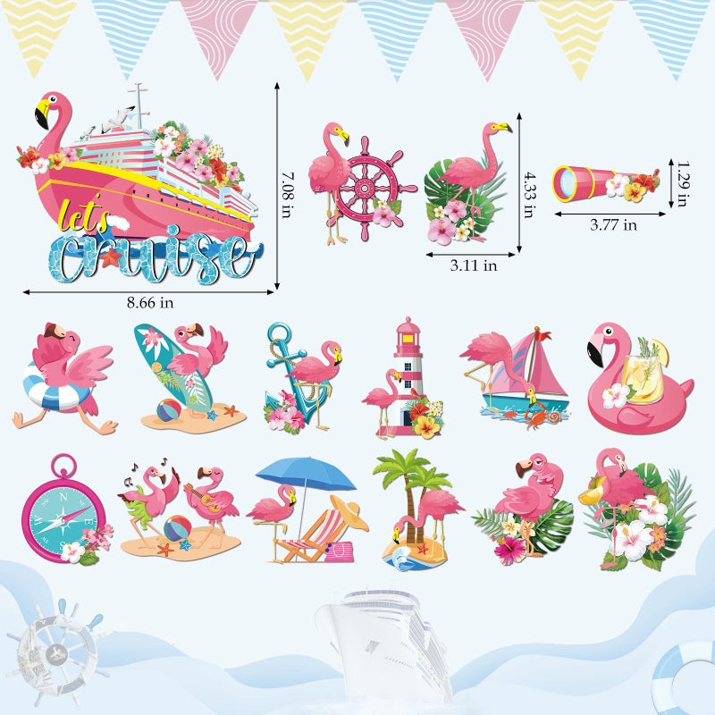 Dazoratix Flamingo Cruise Door Decorations - 16 Pcs Funny Hawaii Ship Cabin Magnets Pink Magnetic Stickers Palm Anchor Decals Tropical Stateroom Accessories for Summer Vacation Party Carnival Garage - Image 2