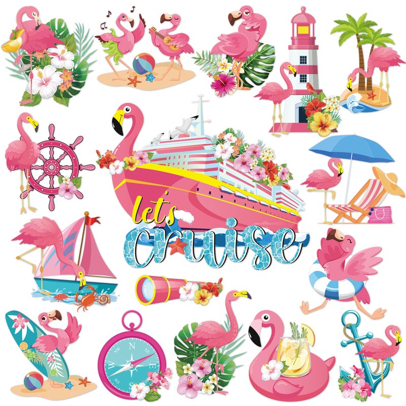 Dazoratix Flamingo Cruise Door Decorations - 16 Pcs Funny Hawaii Ship Cabin Magnets Pink Magnetic Stickers Palm Anchor Decals Tropical Stateroom Accessories for Summer Vacation Party Carnival Garage - Image 1