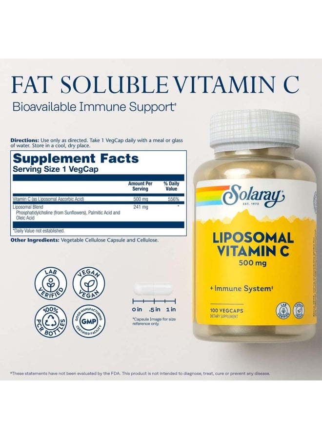 SOLARAY كبسولات فيتامين سي ليبوسومال 500 ملغ نباتية لنظام المناعة الصحي، عبوة من 100 - Image 2