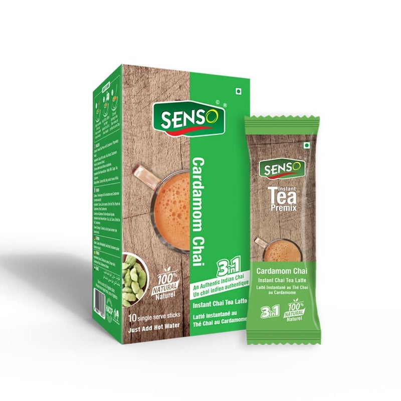 Senso Instant Cardamom Premix Tea - Karak Ready to Drink Chai with Cardamom and Low Sugar | Elaichi Flavor | 10 x 14g Sachets - Image 1