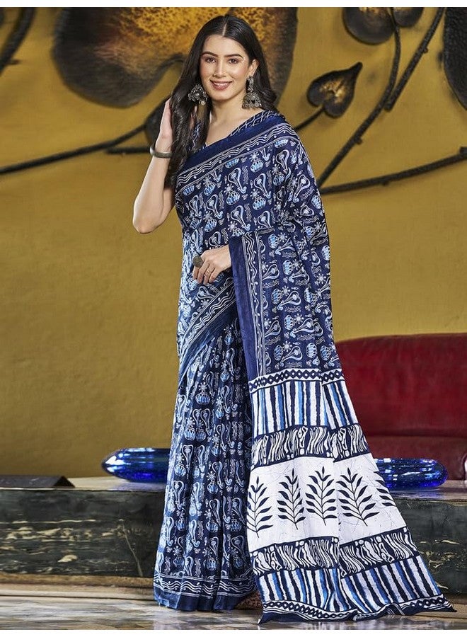 Satrani Women's Cotton Printed Ready To Wear Saree with Unstitched Blouse Piece (3394S307N_Dark Blue) - Image 5