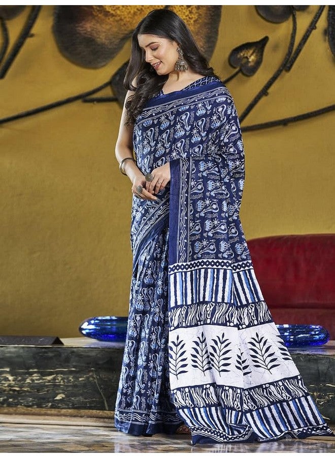 Satrani Women's Cotton Printed Ready To Wear Saree with Unstitched Blouse Piece (3394S307N_Dark Blue) - Image 4