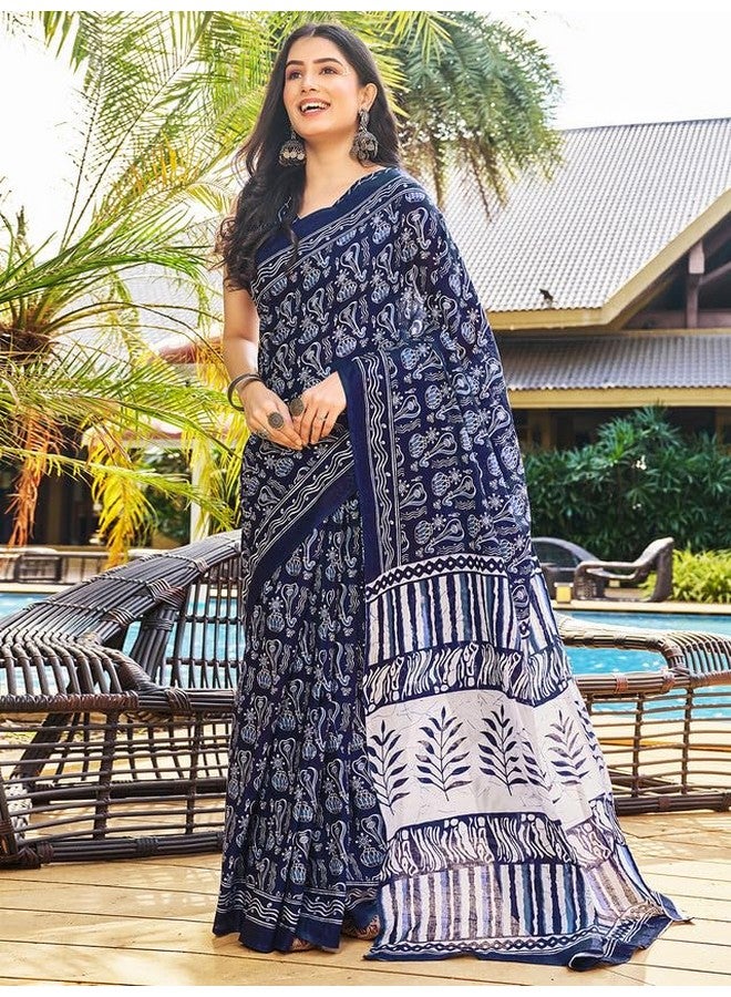 Satrani Women's Cotton Printed Ready To Wear Saree with Unstitched Blouse Piece (3394S307N_Dark Blue) - Image 2