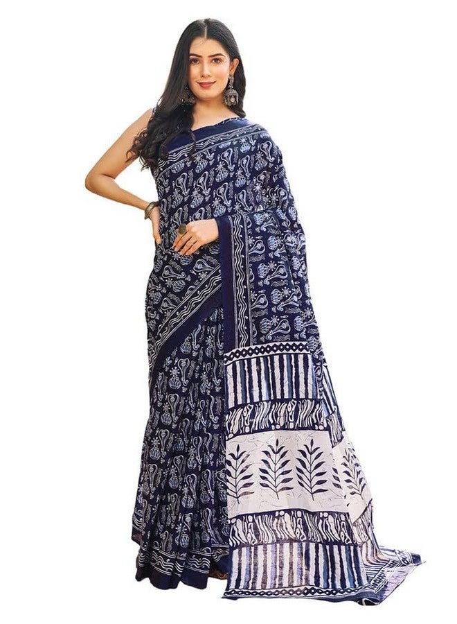 Satrani Women's Cotton Printed Ready To Wear Saree with Unstitched Blouse Piece (3394S307N_Dark Blue) - Image 1