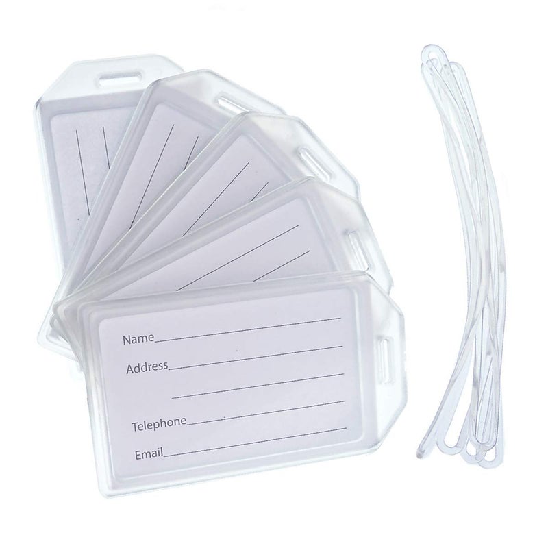 Specialist ID 5 Pack - Premium Rigid Airline Luggage Tag Holders with 6" Worm Loops - Heavy Duty Hard Plastic -Suitcase ID Tag Identifiers with Business Card Insert Window by Specialist ID (Translucent/Clear)  - Image 1