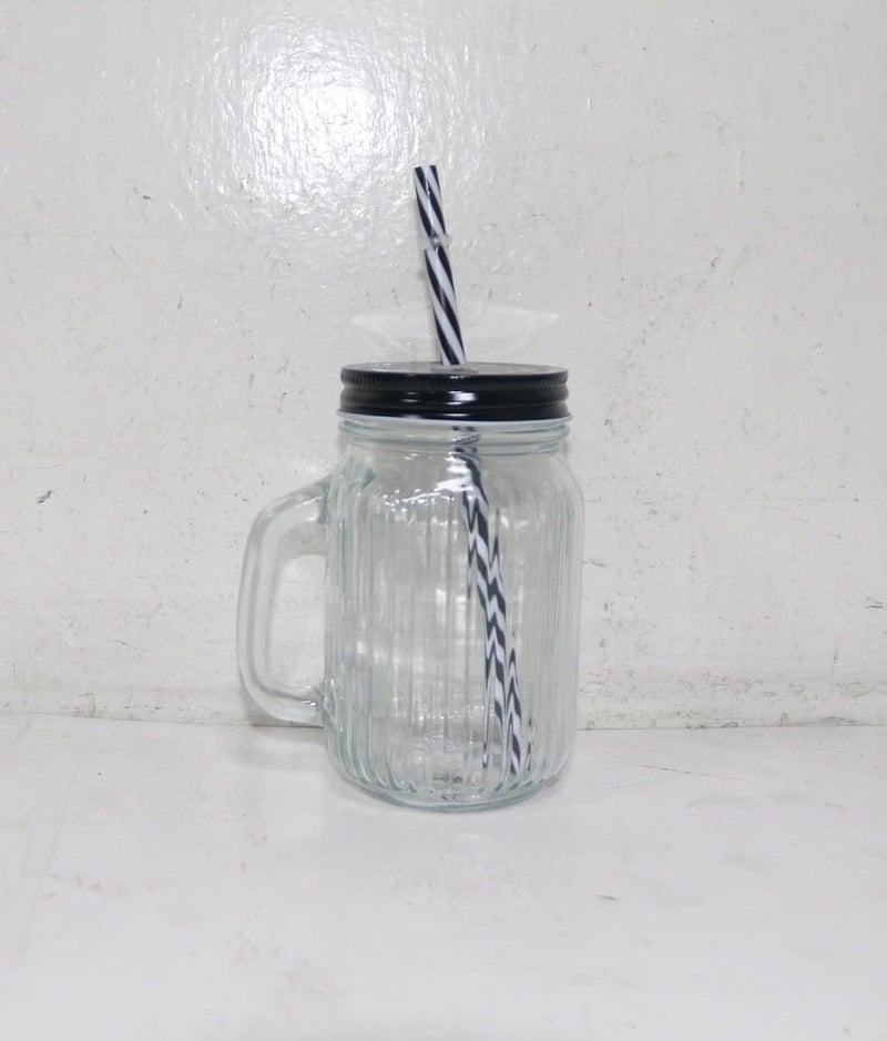 B&D Glass Mason Jar with Lid and Straw, 450ml Drinking Mug