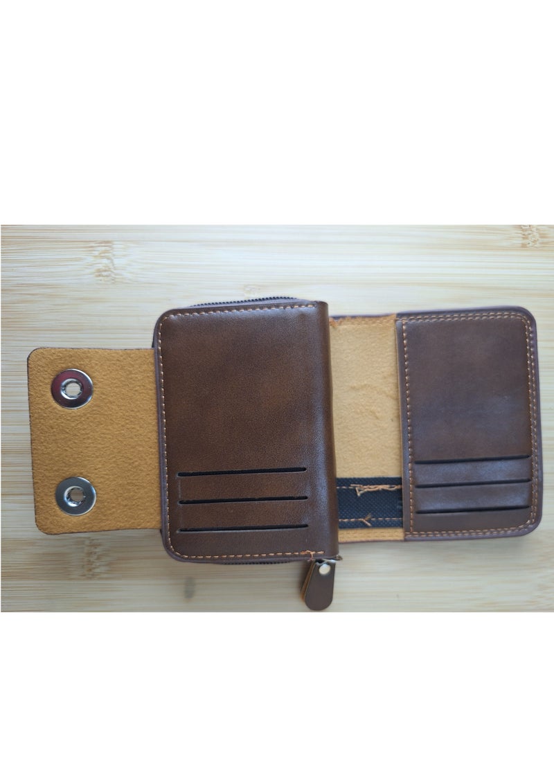 Faux Leather Wallet and Card Holder - 2 Snaps - Brown