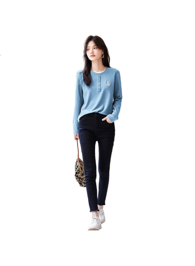 Dme Rabbit Color Block Fake Two-Piece Women'S T-Shirt Spring Autumn Commuter Round Neck Long Sleeve T-Shirt Female Gulf Blue S - Image 1