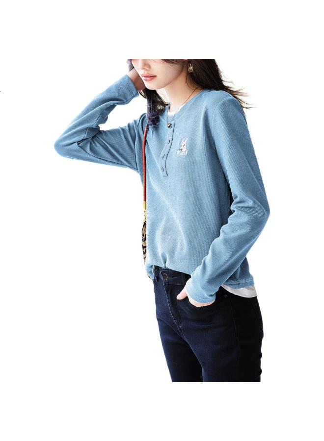 Dme Rabbit Color Block Fake Two-Piece Women'S T-Shirt Spring Autumn Commuter Round Neck Long Sleeve T-Shirt Female Gulf Blue S - Image 3