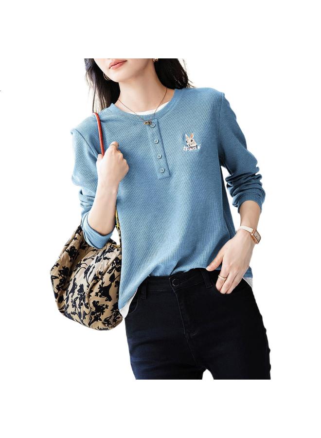 Dme Rabbit Color Block Fake Two-Piece Women'S T-Shirt Spring Autumn Commuter Round Neck Long Sleeve T-Shirt Female Gulf Blue S - Image 2