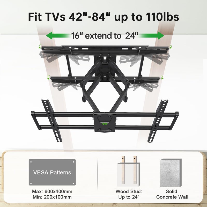 USX Mount Full Motion TV Wall Mount 42"-84" TVS, Fits 16" 18" or 24" Studs, Heavy Duty TV Mounts Bracket with Dual Articulating Arms Tilt Swivel Extension Max VESA 600x400mm, Weight Capacity 110lbs - Image 2