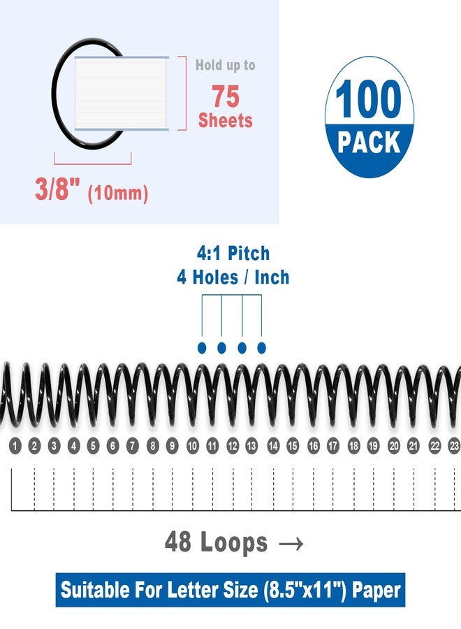 HOUYEE 100 Pack Plastic Spiral Binding Coils, 10mm (3/8"),75 Sheets Capacity,4:1 Pitch, 48 Loops, for Letter Size (Black) - Image 2